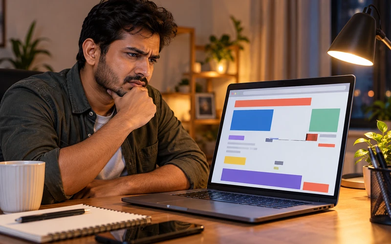 A visitor frowns at a laptop screen showing an oddly glitching webpage layout.