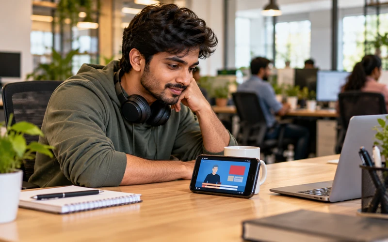 A person watches a video with captions on their phone while headphones rest around their neck.