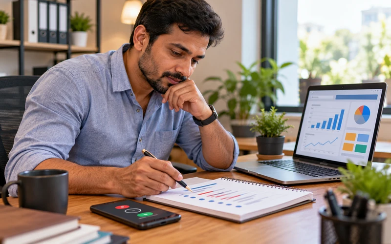 A business owner reviews a handwritten call log next to a laptop showing website analytics