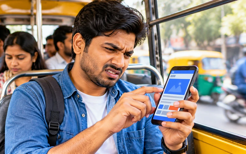 A person struggles to tap a tiny call button on a cramped mobile website layout